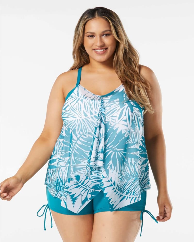 Front of a model wearing a size 24W Kerry Mesh Layer Tankini in LAGOON by Beach House Woman. | dia_product_style_image_id:280933